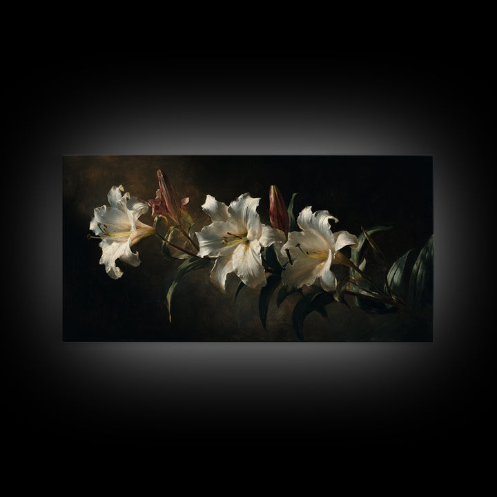 White Lilies on Dark Background Framed Canvas Print, Traditional Art, Art, Living Room Decor, Fine Art, Classic, Printable Art, TRA-2x1-83