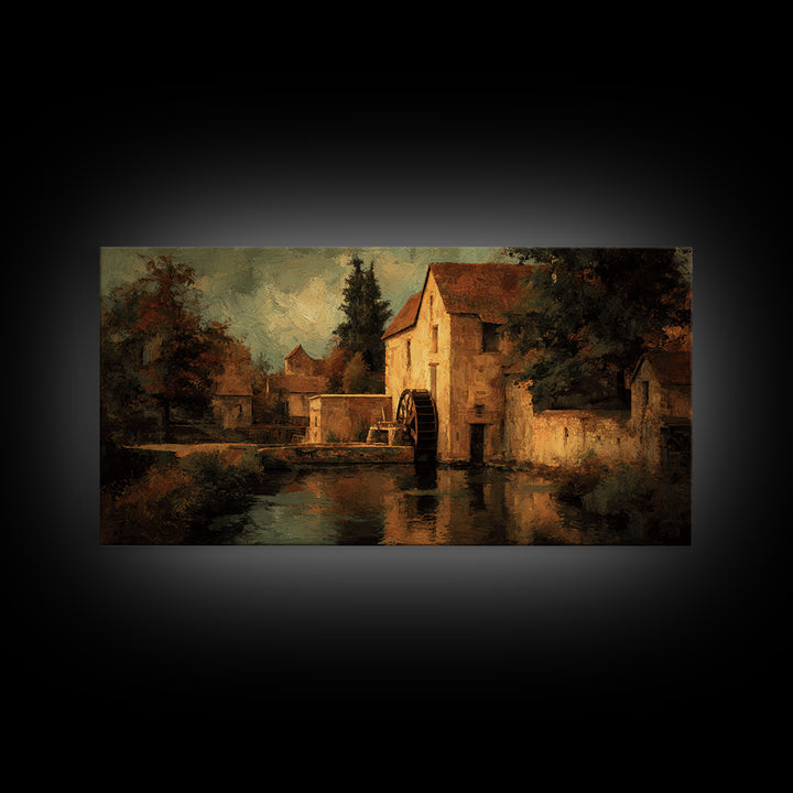 Watermill Beside a Quiet Stream Framed Canvas Print, Traditional Art, Living Room Decor, Fine Art, Classic, Dark Art, TRA-2x1-85