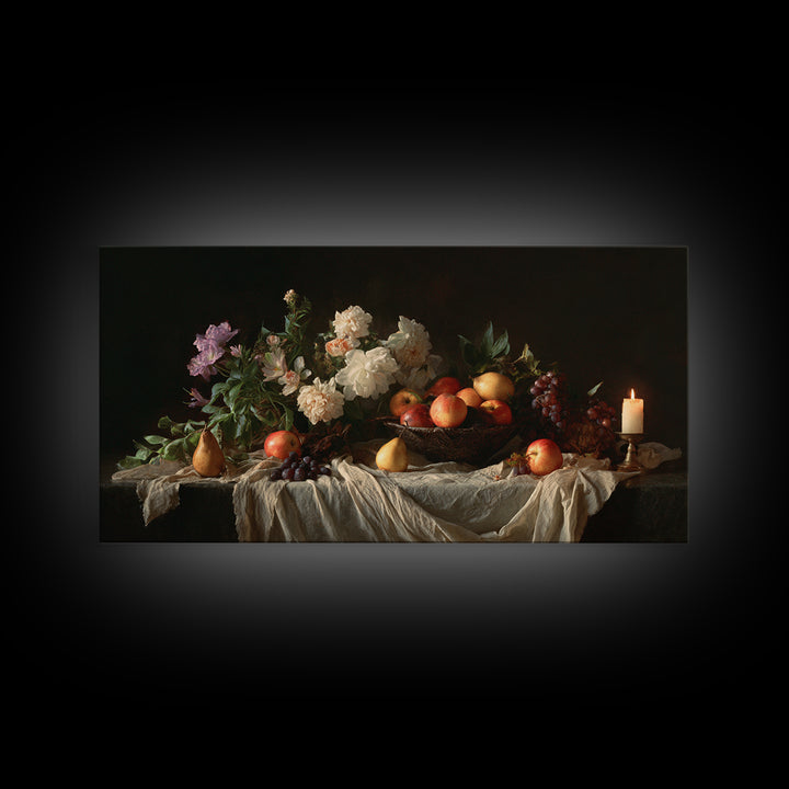 Basket of Apples and Pears on Linen Framed Canvas Print, Traditional Art, Decor, Living Room Decor, Abstract Art, Classic, TRA-2x1-86