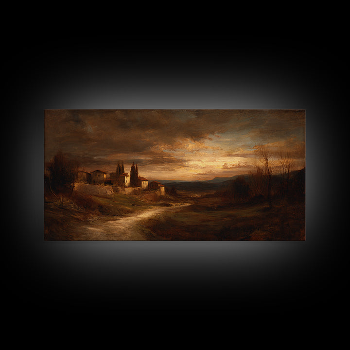 Snowy Village Landscape at Twilight Framed Canvas Print, Traditional Art, Japanese Decor, Living Room Decor, Fine Art, Classic, TRA-2x1-87