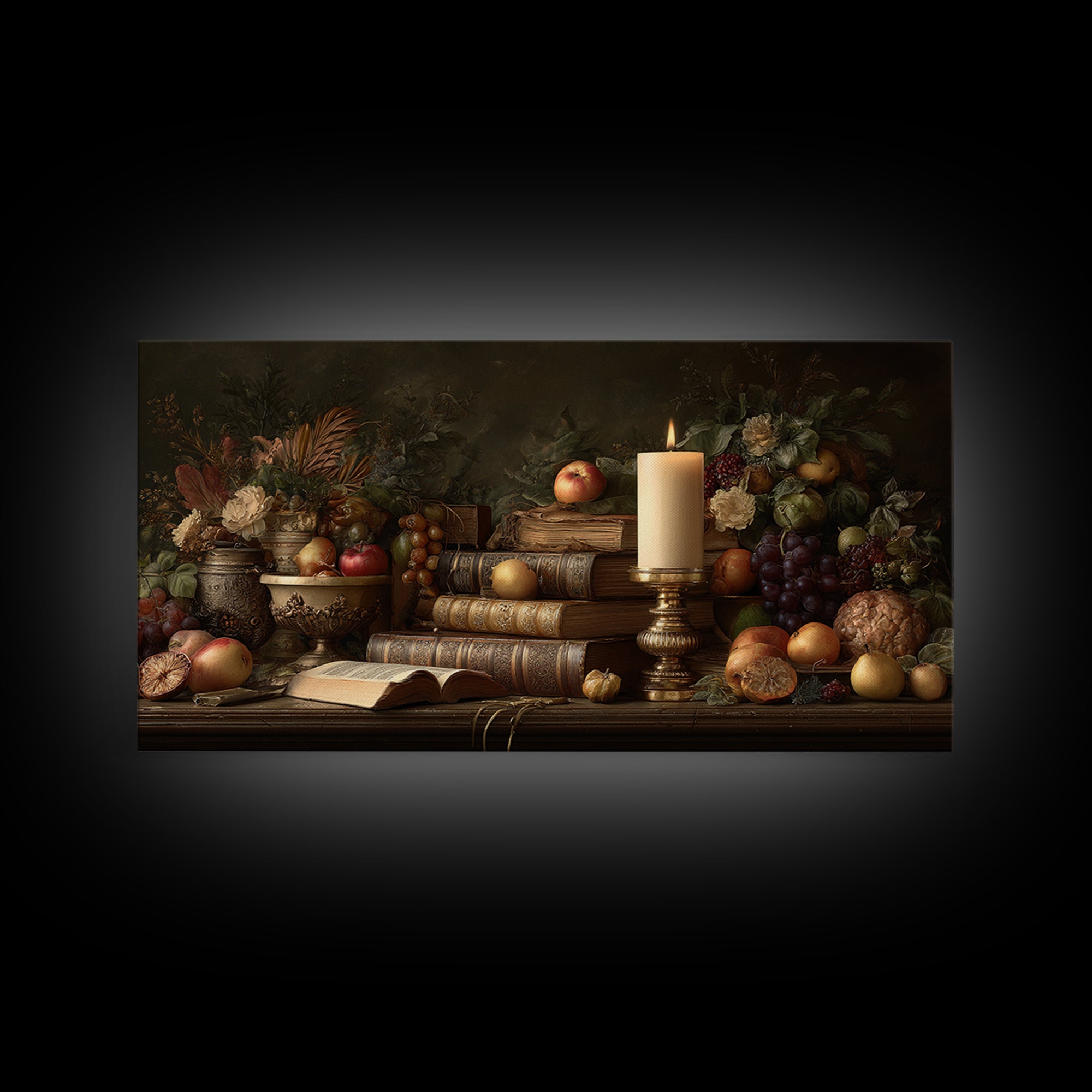 Still Life of Books Candle and Fruit Framed Canvas Print, Traditional Art, Original Art, Living Room Decor, Fine Art, Classic, TRA-2x1-88