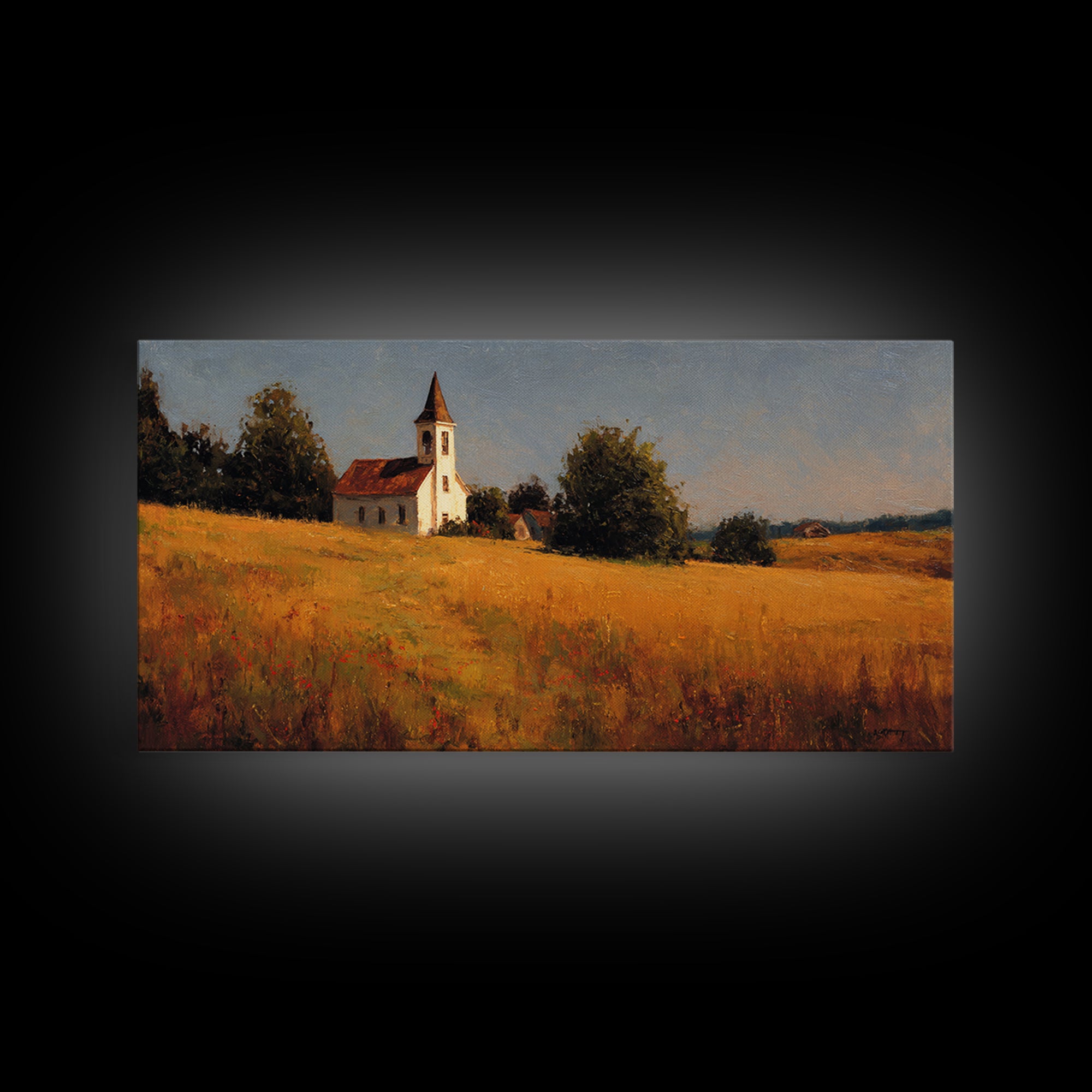 Church Steeple Across Rural Meadow Framed Canvas Print, Traditional Art, Wall Decor, Living Room Decor, Fine Art, Classic, TRA-2x1-9