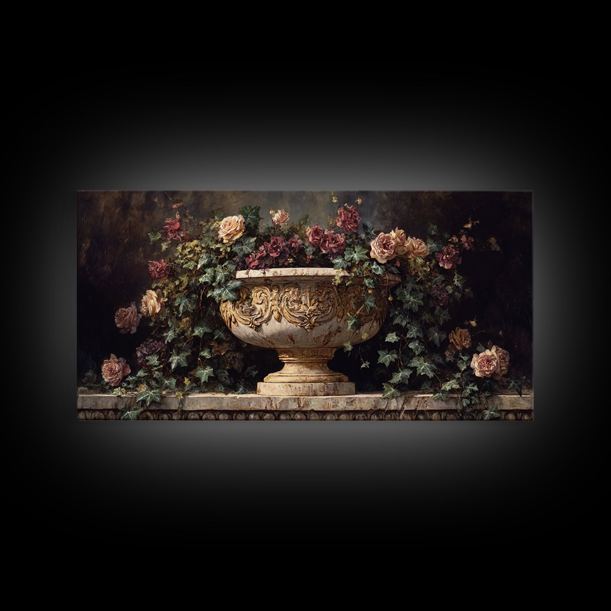 Garden Urn with Roses and Ivy Framed Canvas Print, Traditional Art, Digital Print, Living Room Decor, Watercolor Art, Classic, TRA-2x1-92