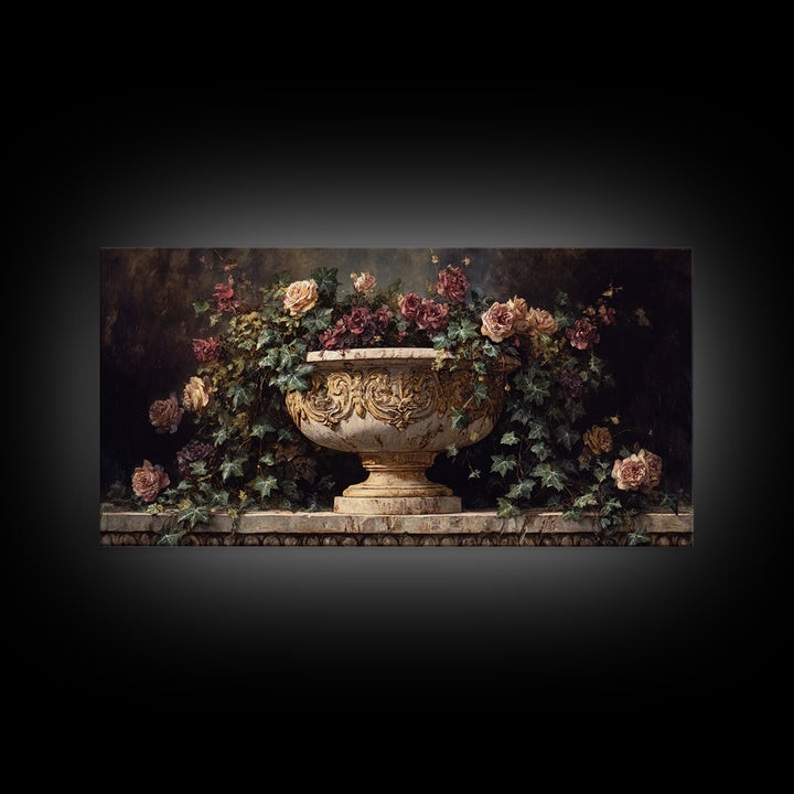Garden Urn with Roses and Ivy Framed Canvas Print, Traditional Art, Digital Print, Living Room Decor, Watercolor Art, Classic, TRA-2x1-92
