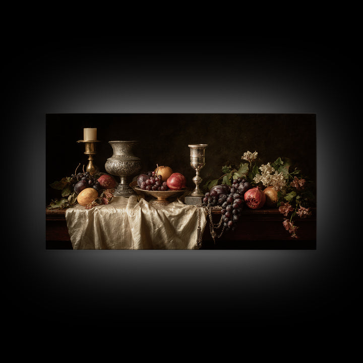 Dutch Fruit and Silver Goblet Still Life Framed Canvas Print, Traditional Art, Furry Art, Living Room Decor, Oil Painting, TRA-2x1-96