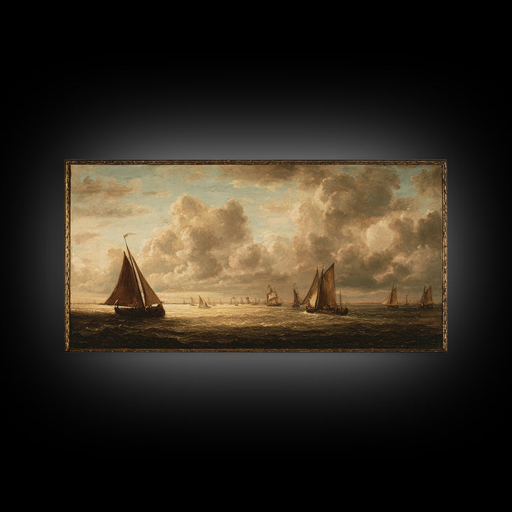 Seascape with Sailboats and Cloudy Sky Framed Canvas Print, Traditional Art, Canvas Print, Living Room Decor, Fine Art, Classic, TRA-2x1-97