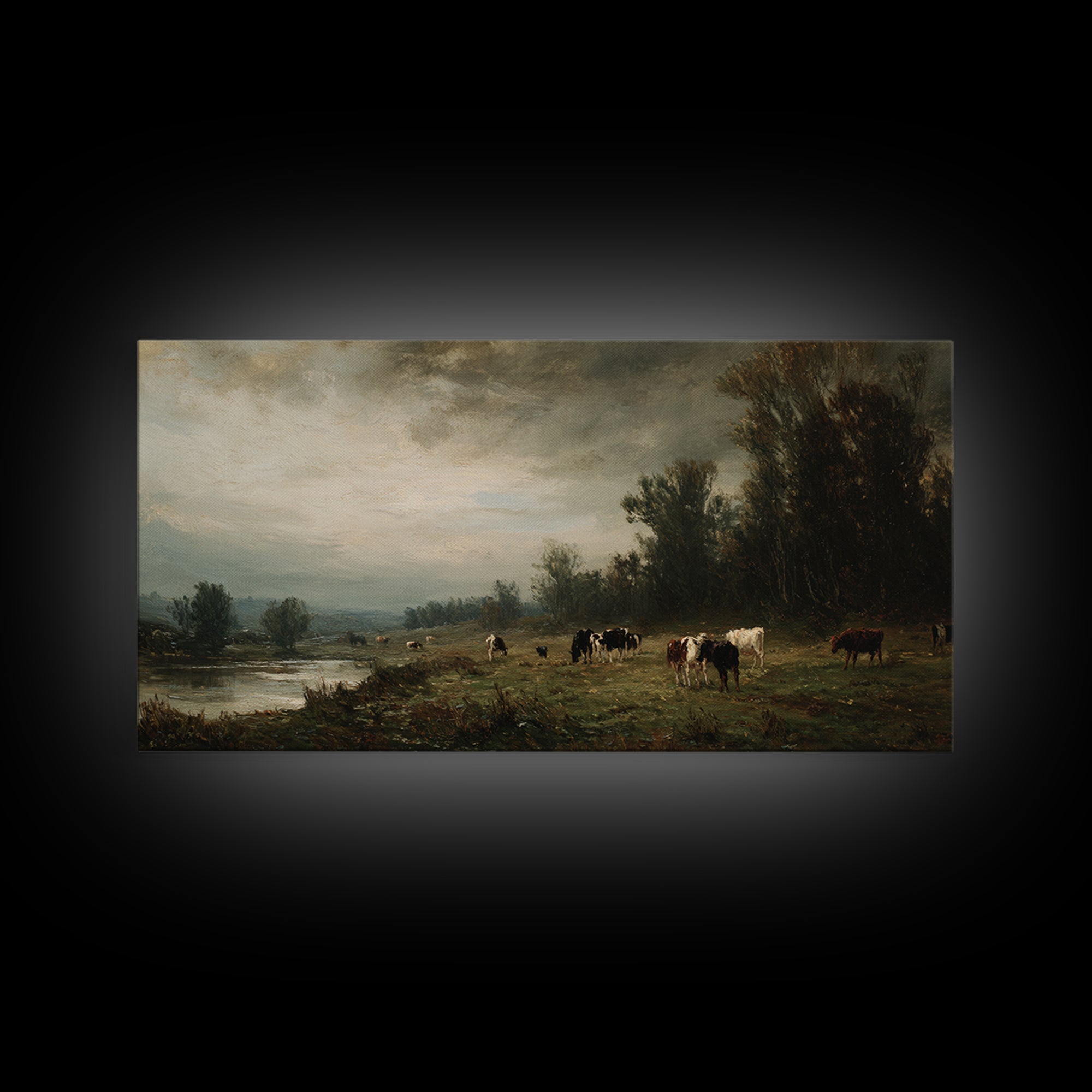 Pastoral Countryside with Cows in Field Framed Canvas Print, Traditional Art, Japanese Art, Living Room Decor, Classic, TRA-2x1-99