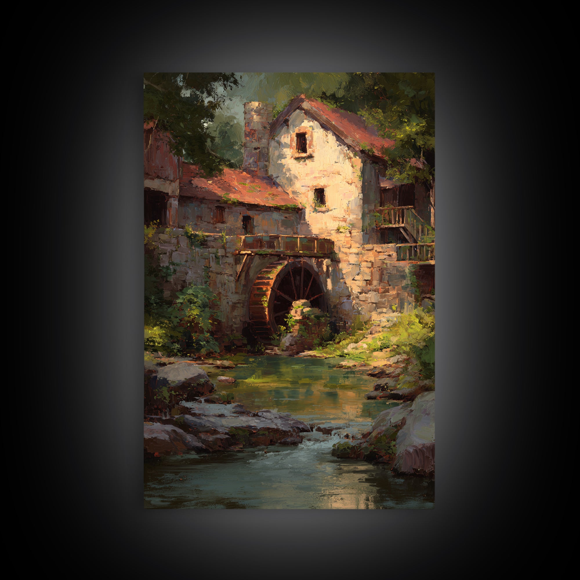 Watermill Beside a Quiet Stream Framed Canvas Print, Traditional Art, Digital Art, Living Room Decor, Fine Art, Classic, TRA-2x3-1