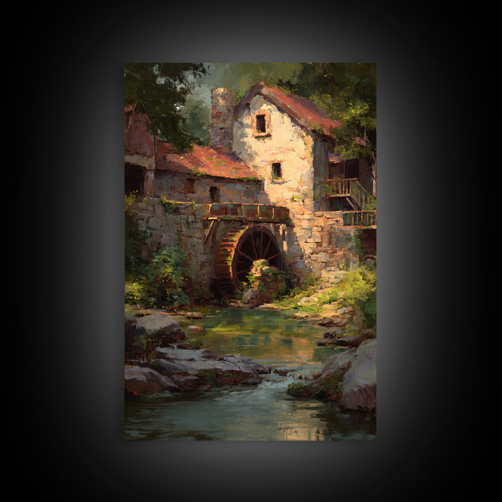 Watermill Beside a Quiet Stream Framed Canvas Print, Traditional Art, Digital Art, Living Room Decor, Fine Art, Classic, TRA-2x3-1