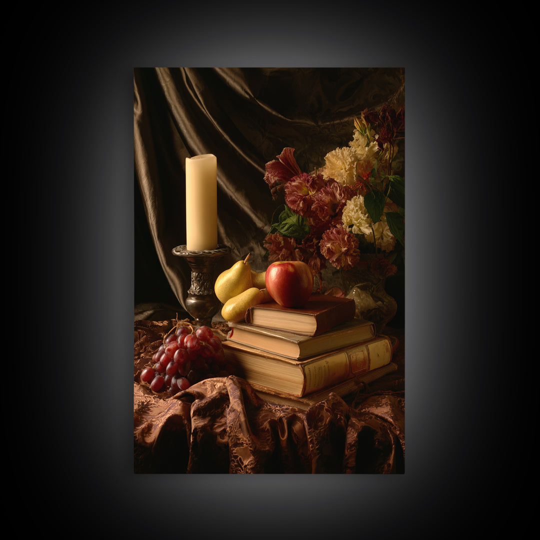 Still Life of Books Candle and Fruit Framed Canvas Print, Traditional Art, Painting, Living Room Decor, Fine Art, Classic, TRA-2x3-100
