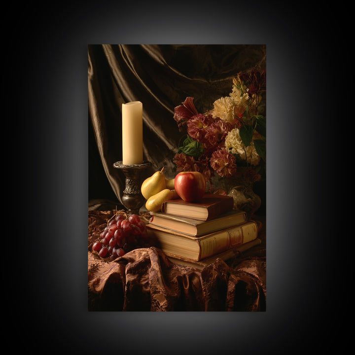 Still Life of Books Candle and Fruit Framed Canvas Print, Traditional Art, Painting, Living Room Decor, Fine Art, Classic, TRA-2x3-100