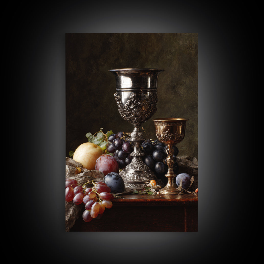 Dutch Fruit and Silver Goblet Still Life Framed Canvas Print, Traditional Art, Living Room Decor, Oil Painting, Classic, TRA-2x3-12