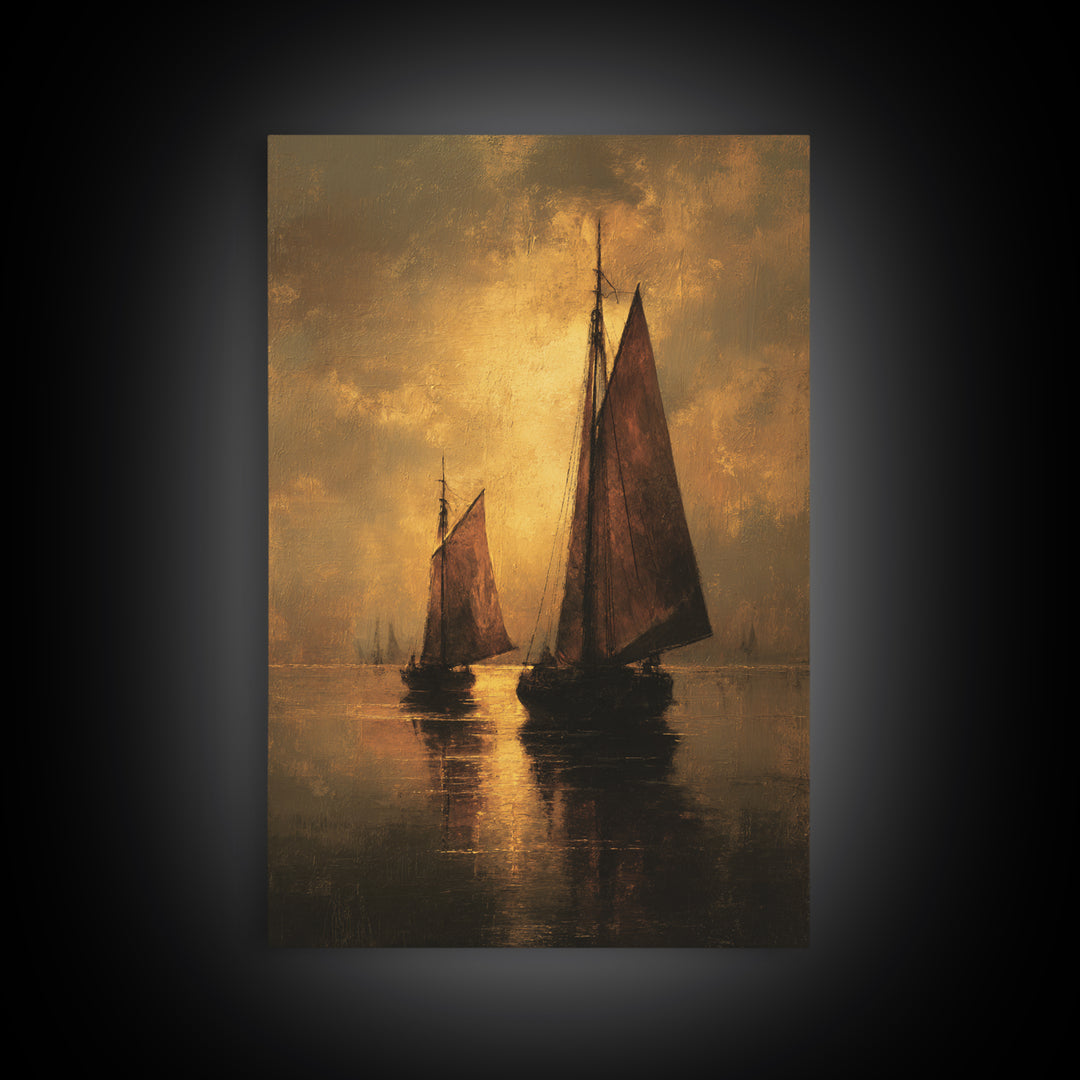Seascape with Sailboats and Cloudy Sky Framed Canvas Print, Traditional Art, Boho, Living Room Decor, Fine Art, Classic, TRA-2x3-13