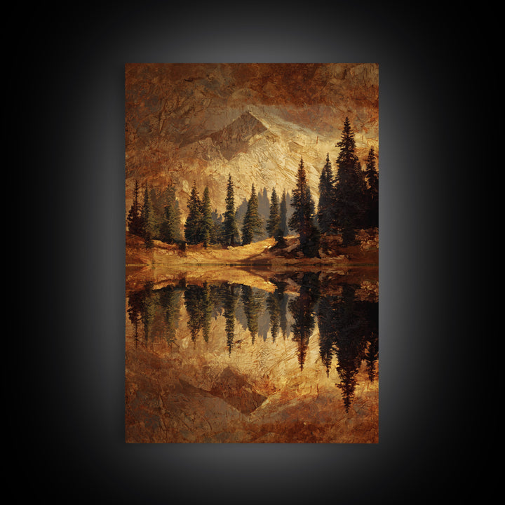 Mountain Lake with Pine Forest Reflection Framed Canvas Print, Traditional Art, Wall Hanging, Living Room Decor, Classic, TRA-2x3-17