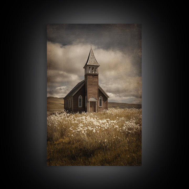 Church Steeple Across Rural Meadow Framed Canvas Print, Traditional Art, Art Print, Living Room Decor, Fine Art, Classic, TRA-2x3-21