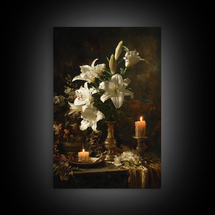 White Lilies on Dark Background Canvas Print, Traditional Art, Decor, Living Room Decor, Fine Art, Classic, Japanese Art, TRA-2x3-23