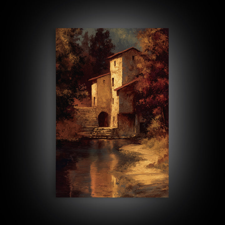 Watermill Beside a Quiet Stream Framed Canvas Print, Traditional Art, Digital Art, Living Room Decor, Fine Art, Classic, TRA-2x3-25