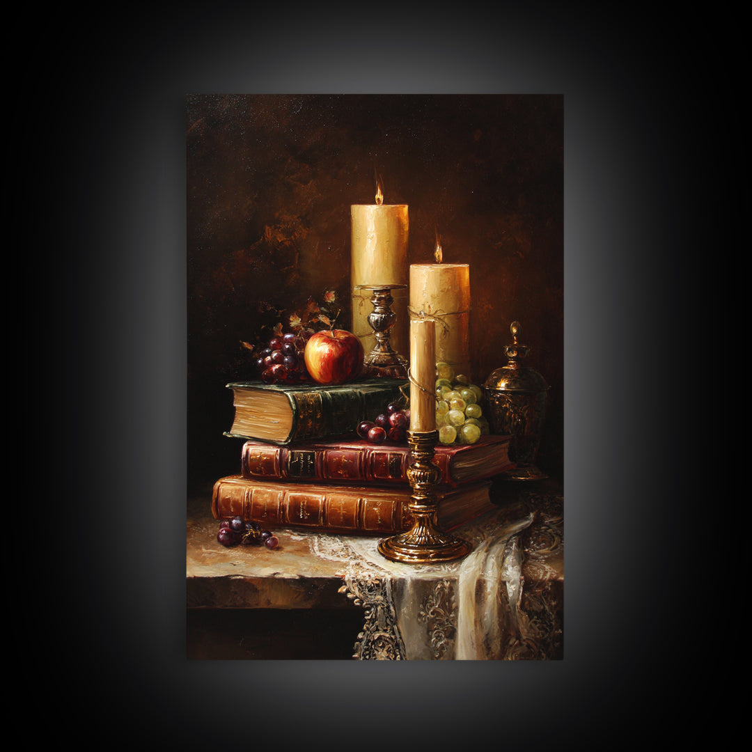 Still Life of Books Candle and Fruit Framed Canvas Print, Traditional Art, Watercolor Art, Living Room Decor, Fine Art, Classic, TRA-2x3-28