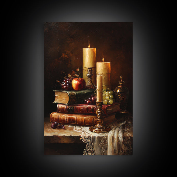 Still Life of Books Candle and Fruit Framed Canvas Print, Traditional Art, Watercolor Art, Living Room Decor, Fine Art, Classic, TRA-2x3-28