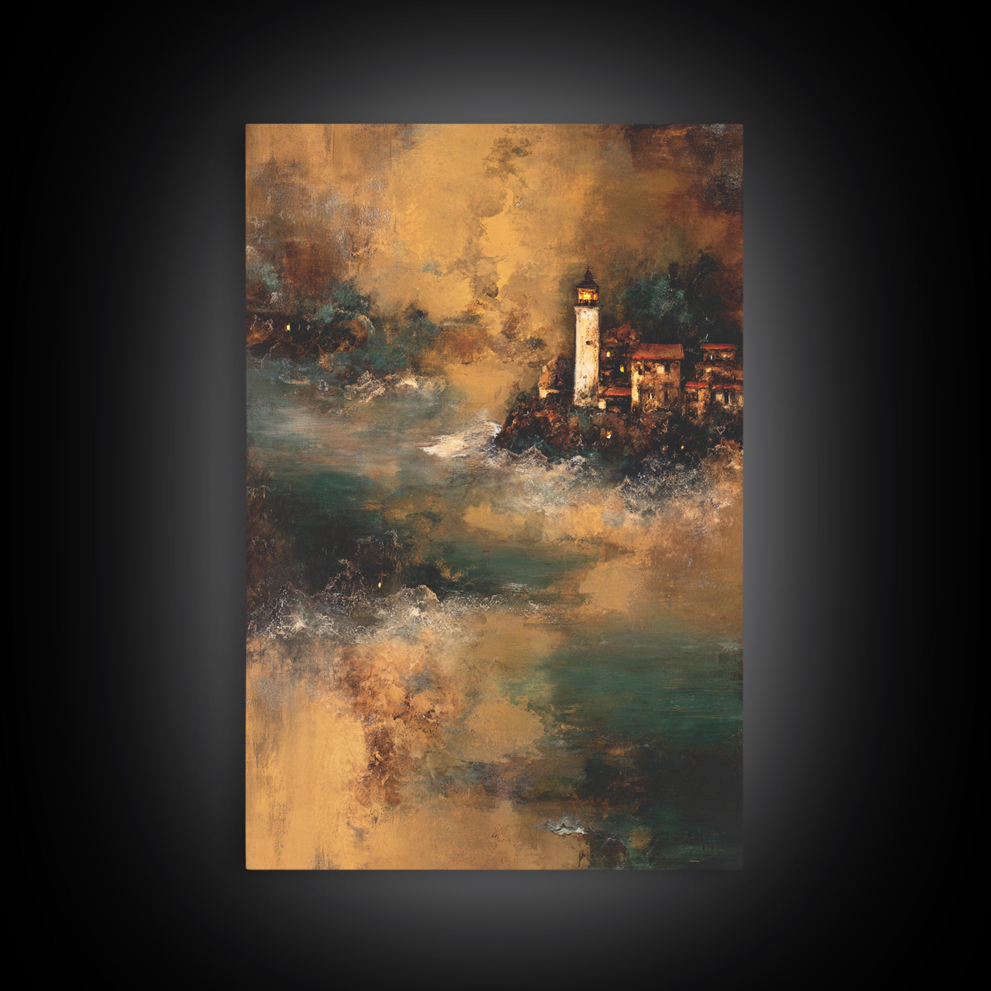 Lighthouse with Crashing Waves Canvas Print, Traditional Art, Canvas, Living Room Decor, Watercolor Art, Classic, Furry Art, TRA-2x3-29