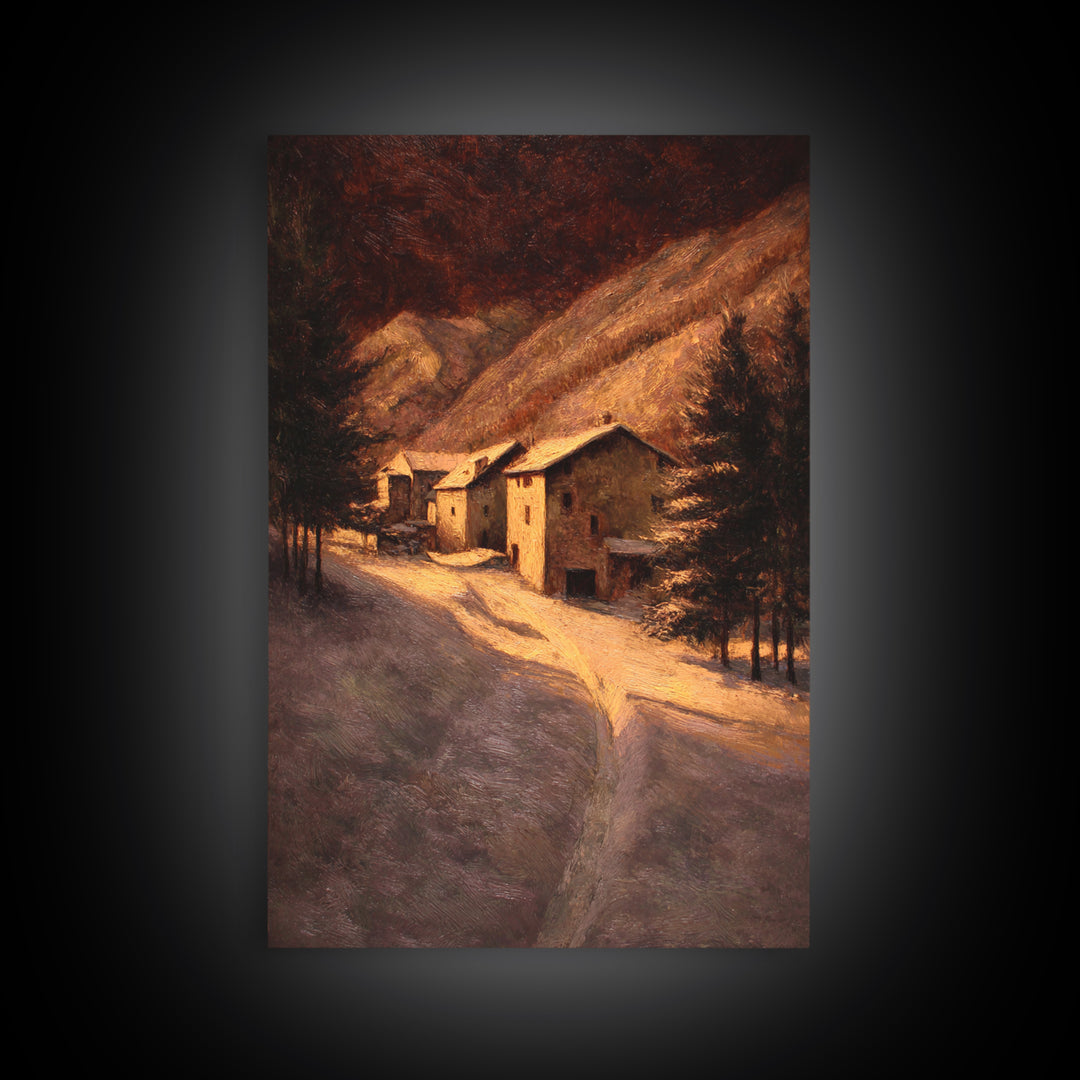 Snowy Village Landscape at Twilight Framed Canvas Print, Traditional Art, Room Decor, Living Room Decor, Fine Art, Classic, TRA-2x3-3