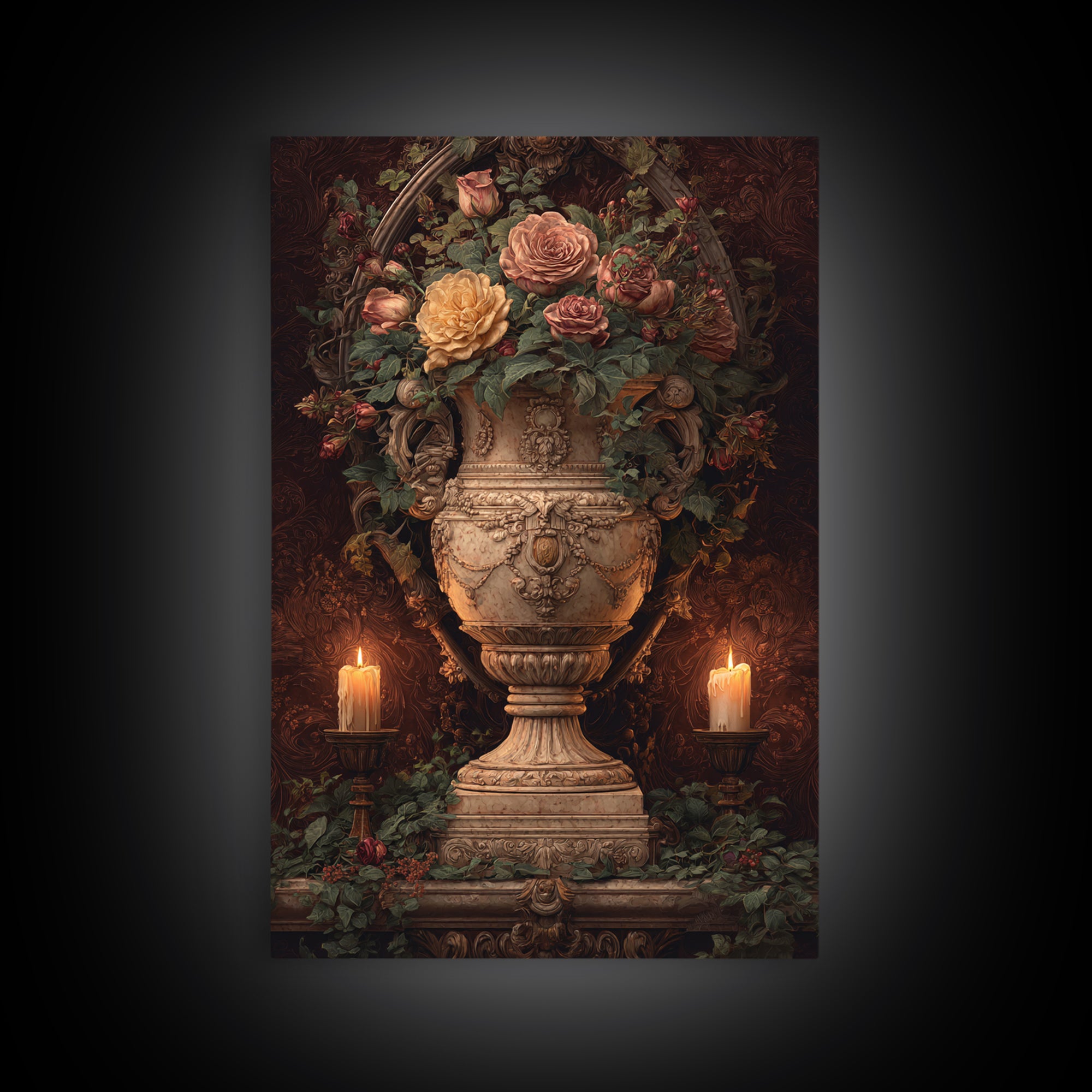 Garden Urn with Roses and Ivy Canvas Print, Traditional Art, Statement Artwork, Living Room Decor, Fine Art, Classic, TRA-2x3-32