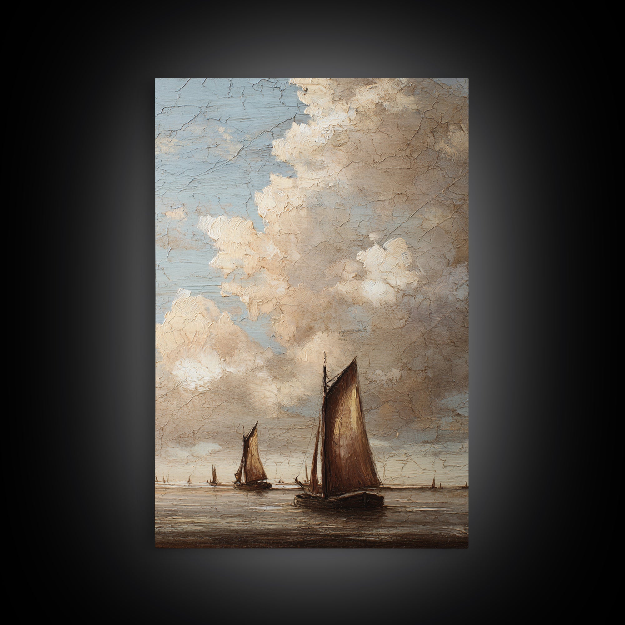 Seascape with Sailboats and Cloudy Sky Framed Canvas Print, Traditional Art, Boho, Living Room Decor, Fine Art, Classic, TRA-2x3-37