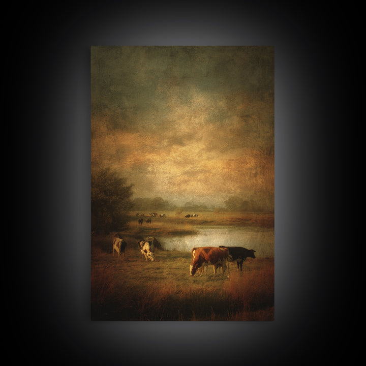 Pastoral Countryside with Cows in Field Canvas Print, Traditional Art, Art Commission, Living Room Decor, Fine Art, Classic, TRA-2x3-39
