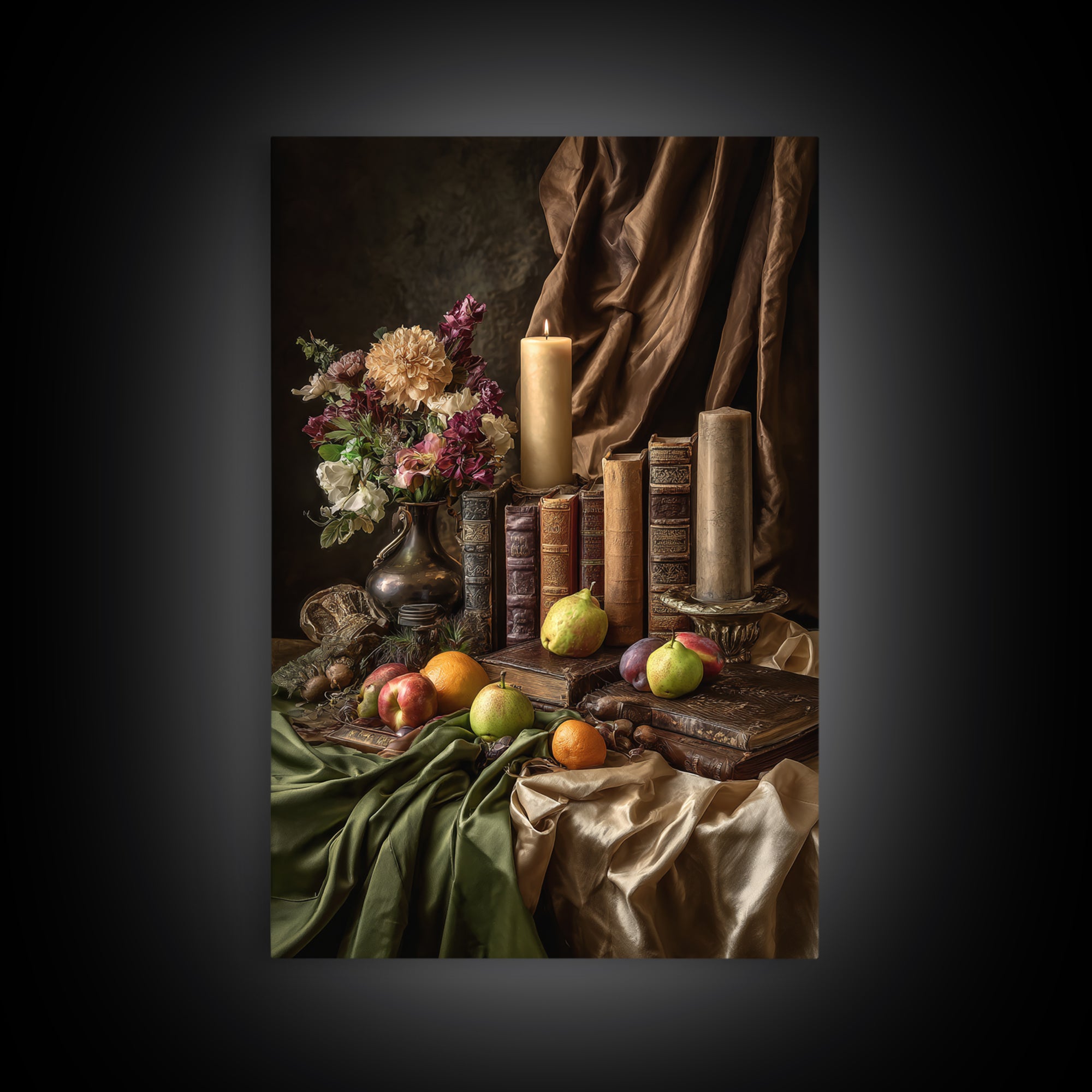 Still Life of Books Candle and Fruit Framed Canvas Print, Traditional Art, Contemporary Art, Living Room Decor, Classic, TRA-2x3-4
