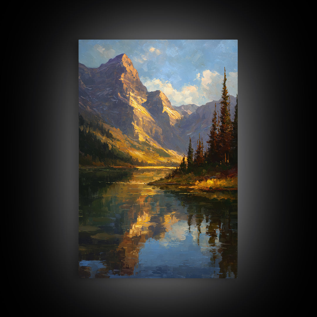 Mountain Lake with Pine Forest Reflection Framed Canvas Print, Traditional Art, Wall Hanging, Living Room Decor, Classic, TRA-2x3-41