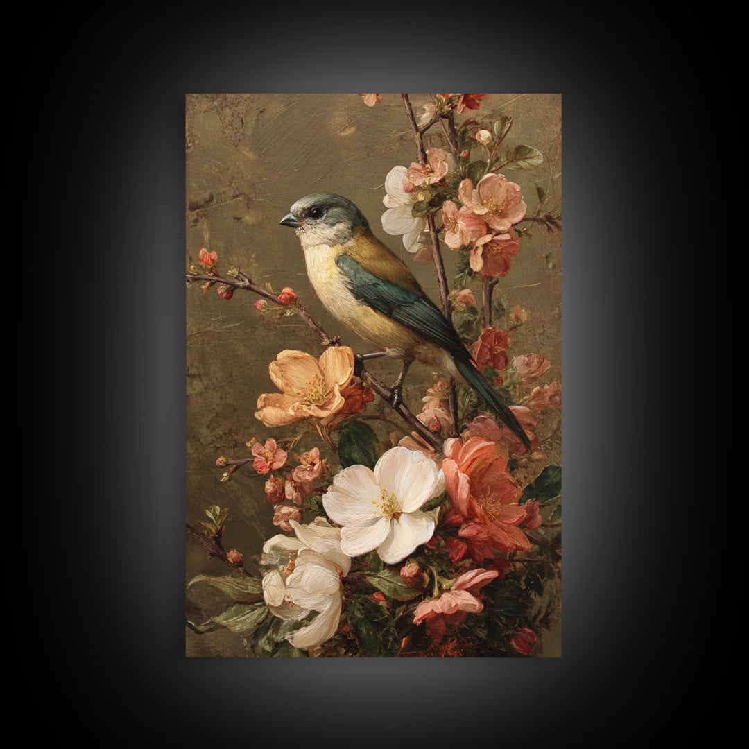 Bird Study on a Flowering Branch Framed Canvas Print, Traditional Art, Home Decor, Living Room Decor, Fine Art, Classic, TRA-2x3-42