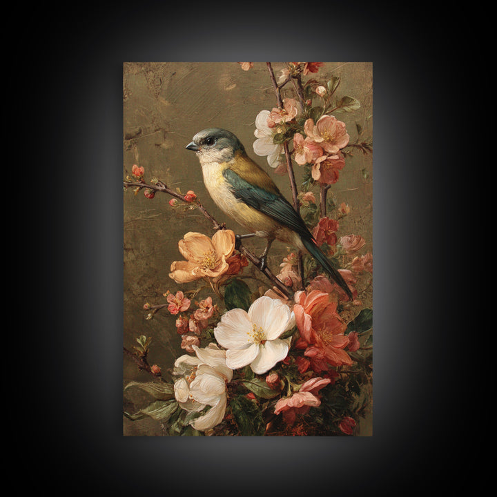Bird Study on a Flowering Branch Framed Canvas Print, Traditional Art, Home Decor, Living Room Decor, Fine Art, Classic, TRA-2x3-42