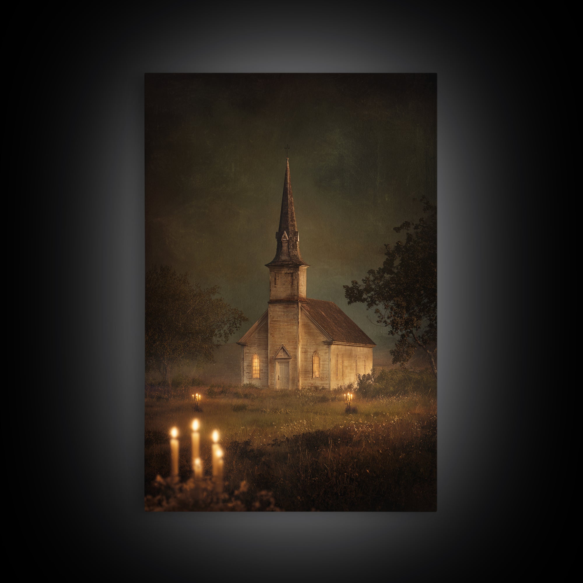 Church Steeple Across Rural Meadow Canvas Print, Traditional Art, Artwork, Living Room Decor, Oil Painting, Classic, TRA-2x3-45