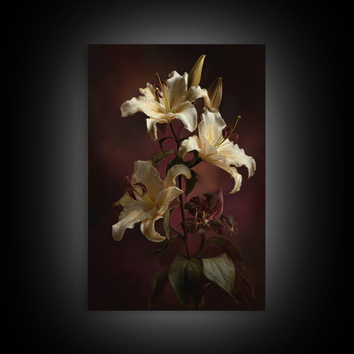 White Lilies on Dark Background Framed Canvas Print, Traditional Art, Wall Hanging, Living Room Decor, Abstract Art, Classic, TRA-2x3-47