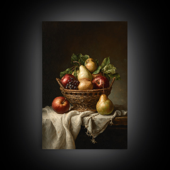 Basket of Apples and Pears on Linen Canvas Print, Traditional Art, Art, Living Room Decor, Fine Art, Classic, Printable Art, TRA-2x3-50
