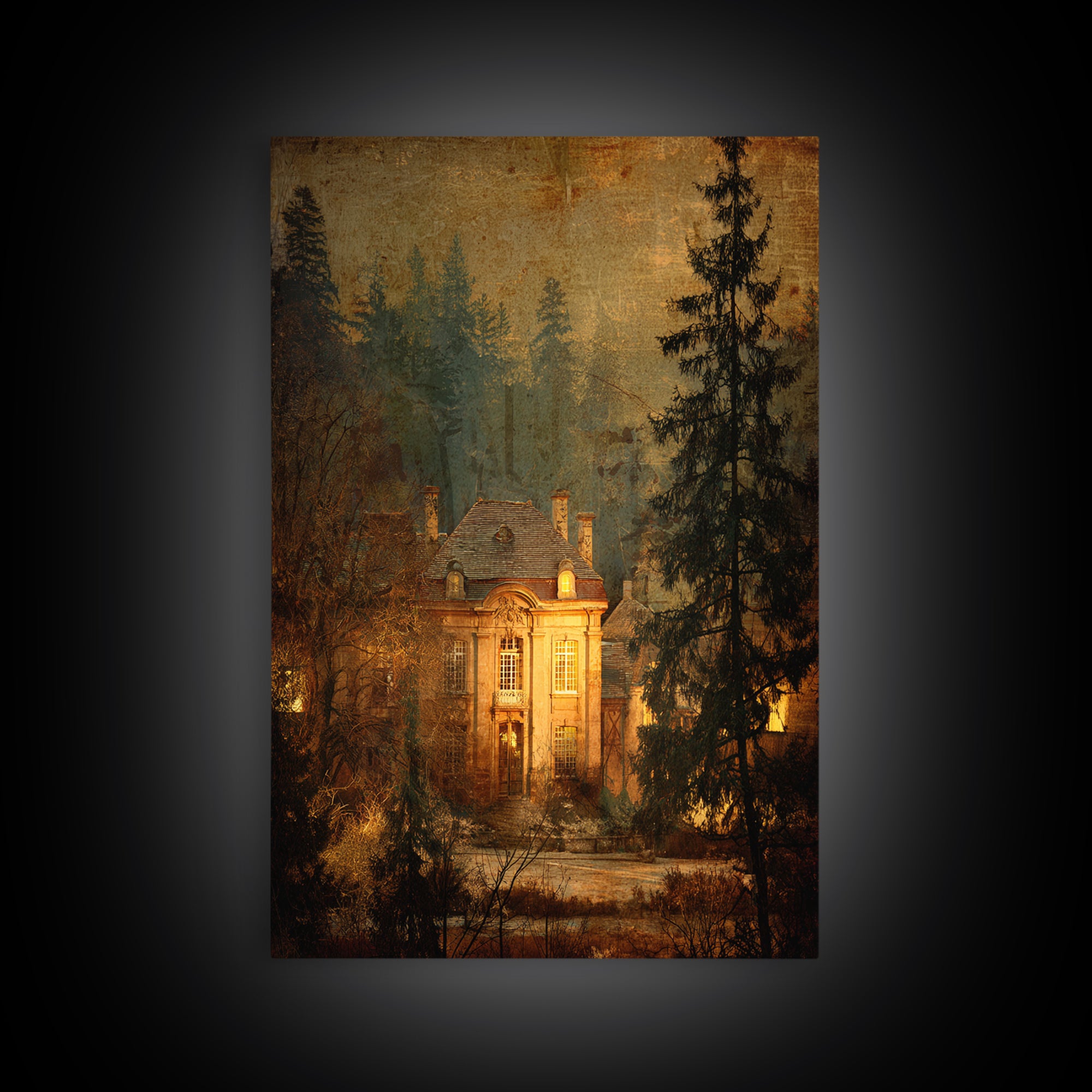 Snowy Village Landscape at Twilight Framed Canvas Print, Traditional Art, Art Print, Living Room Decor, Fine Art, Classic, TRA-2x3-51