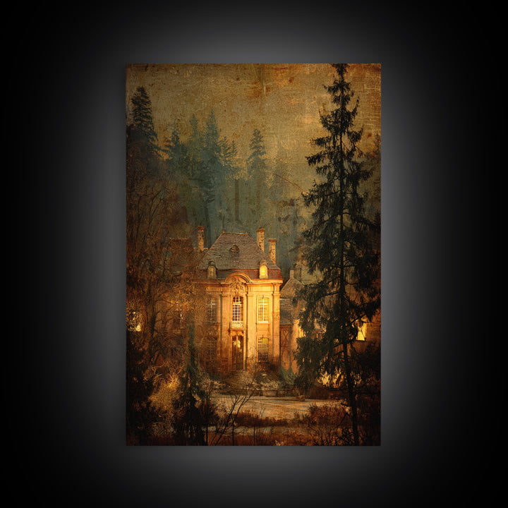 Snowy Village Landscape at Twilight Framed Canvas Print, Traditional Art, Art Print, Living Room Decor, Fine Art, Classic, TRA-2x3-51