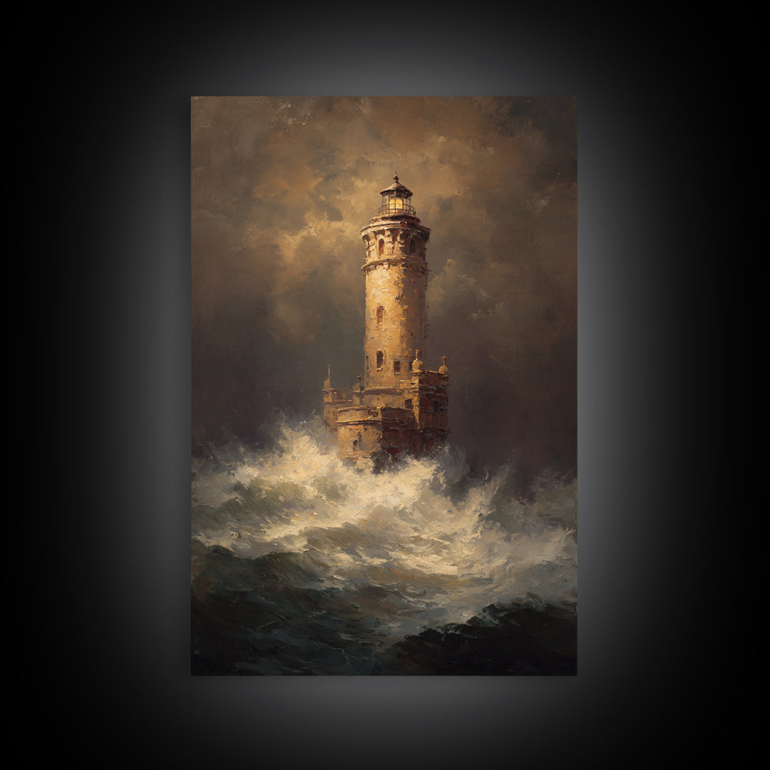 Lighthouse with Crashing Waves Framed Canvas Print, Traditional Art, Digital Print, Living Room Decor, Oil Painting, Classic, TRA-2x3-53