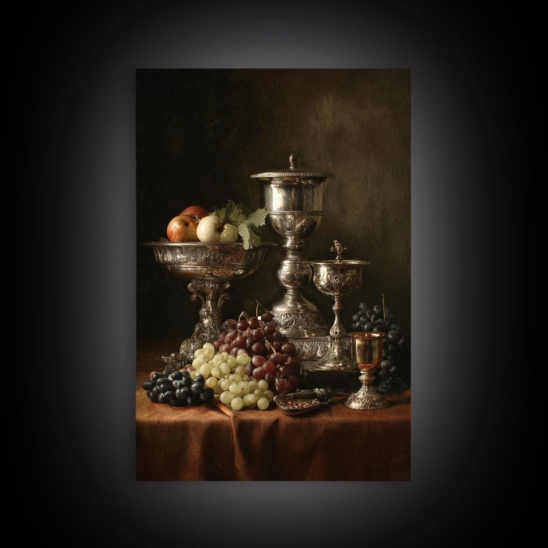 Dutch Fruit and Silver Goblet Still Life Framed Canvas Print, Traditional Art, Art Commission, Living Room Decor, Classic, TRA-2x3-60