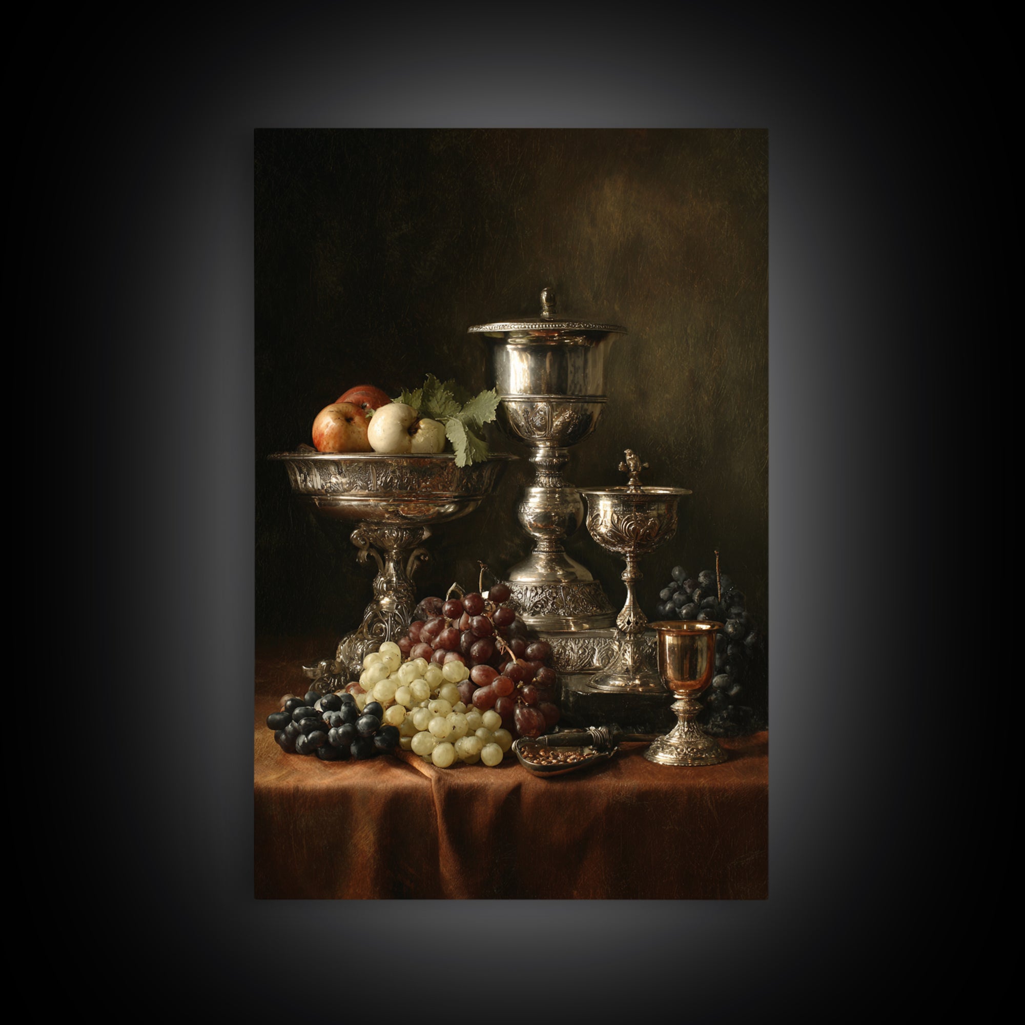 Dutch Fruit and Silver Goblet Still Life Framed Canvas Print, Traditional Art, Art Commission, Living Room Decor, Classic, TRA-2x3-60