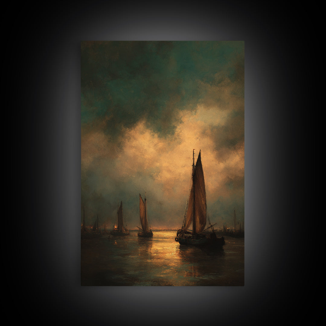 Seascape with Sailboats and Cloudy Sky Canvas Print, Traditional Art, Living Room Decor, Fine Art, Classic, Dark Art, TRA-2x3-61