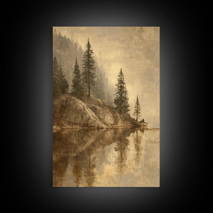 Mountain Lake with Pine Forest Reflection Canvas Print, Traditional Art, Art Commissions, Living Room Decor, Oil Painting, TRA-2x3-65