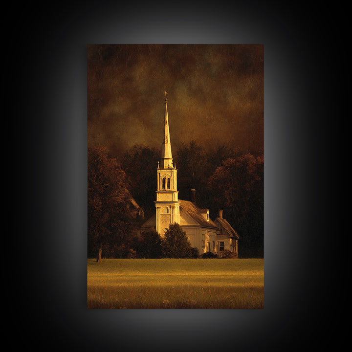 Church Steeple Across Rural Meadow Framed Canvas Print, Traditional Art, Japanese Art, Living Room Decor, Fine Art, Classic, TRA-2x3-69