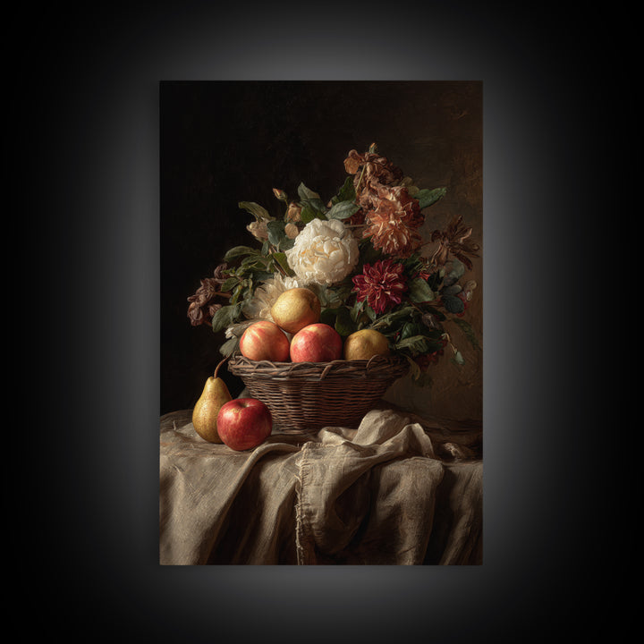 Basket of Apples and Pears on Linen Framed Canvas Print, Traditional Art, Canvas, Living Room Decor, Abstract Art, Classic, TRA-2x3-74