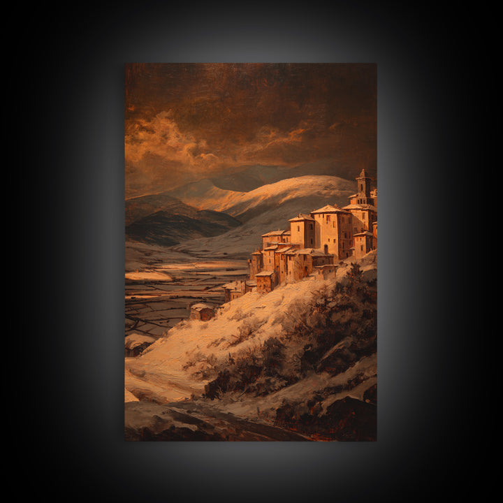 Snowy Village Landscape at Twilight Framed Canvas Print, Traditional Art, Japanese Art, Living Room Decor, Fine Art, Classic, TRA-2x3-75