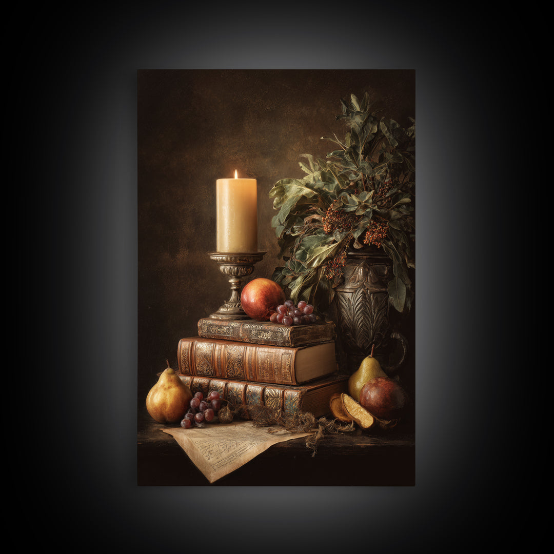 Still Life of Books Candle and Fruit Framed Canvas Print, Traditional Art, Indian Decor, Living Room Decor, Fine Art, Classic, TRA-2x3-76