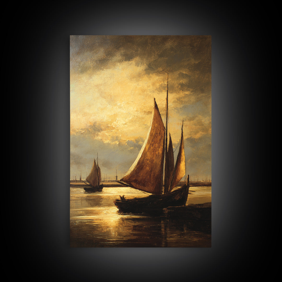 Seascape with Sailboats and Cloudy Sky Framed Canvas Print, Traditional Art, Watercolor Art, Living Room Decor, Classic, TRA-2x3-85