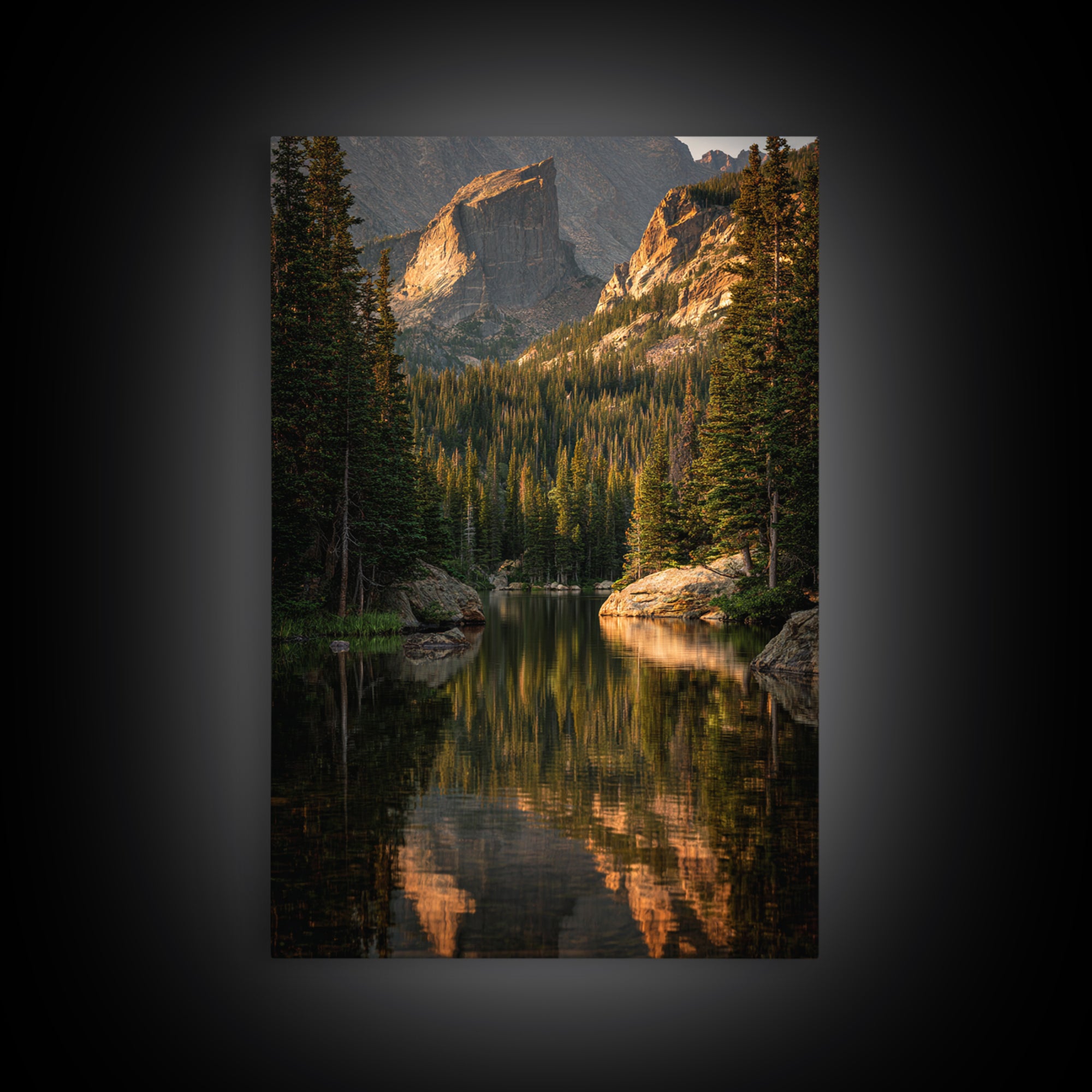 Mountain Lake with Pine Forest Reflection Framed Canvas Print, Traditional Art, Indian Wall Art, Living Room Decor, Classic, TRA-2x3-89