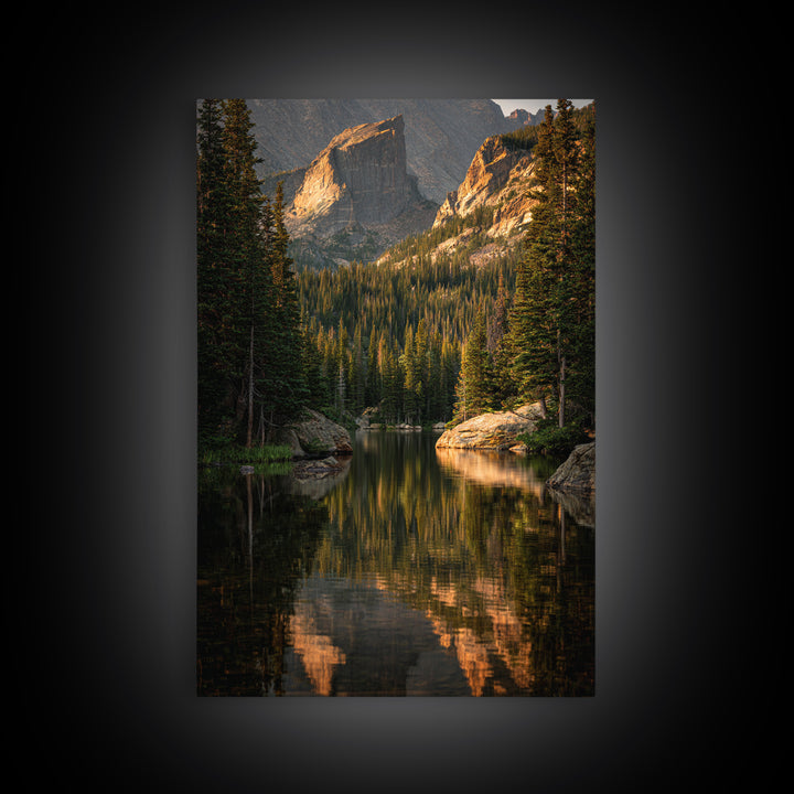 Mountain Lake with Pine Forest Reflection Framed Canvas Print, Traditional Art, Indian Wall Art, Living Room Decor, Classic, TRA-2x3-89
