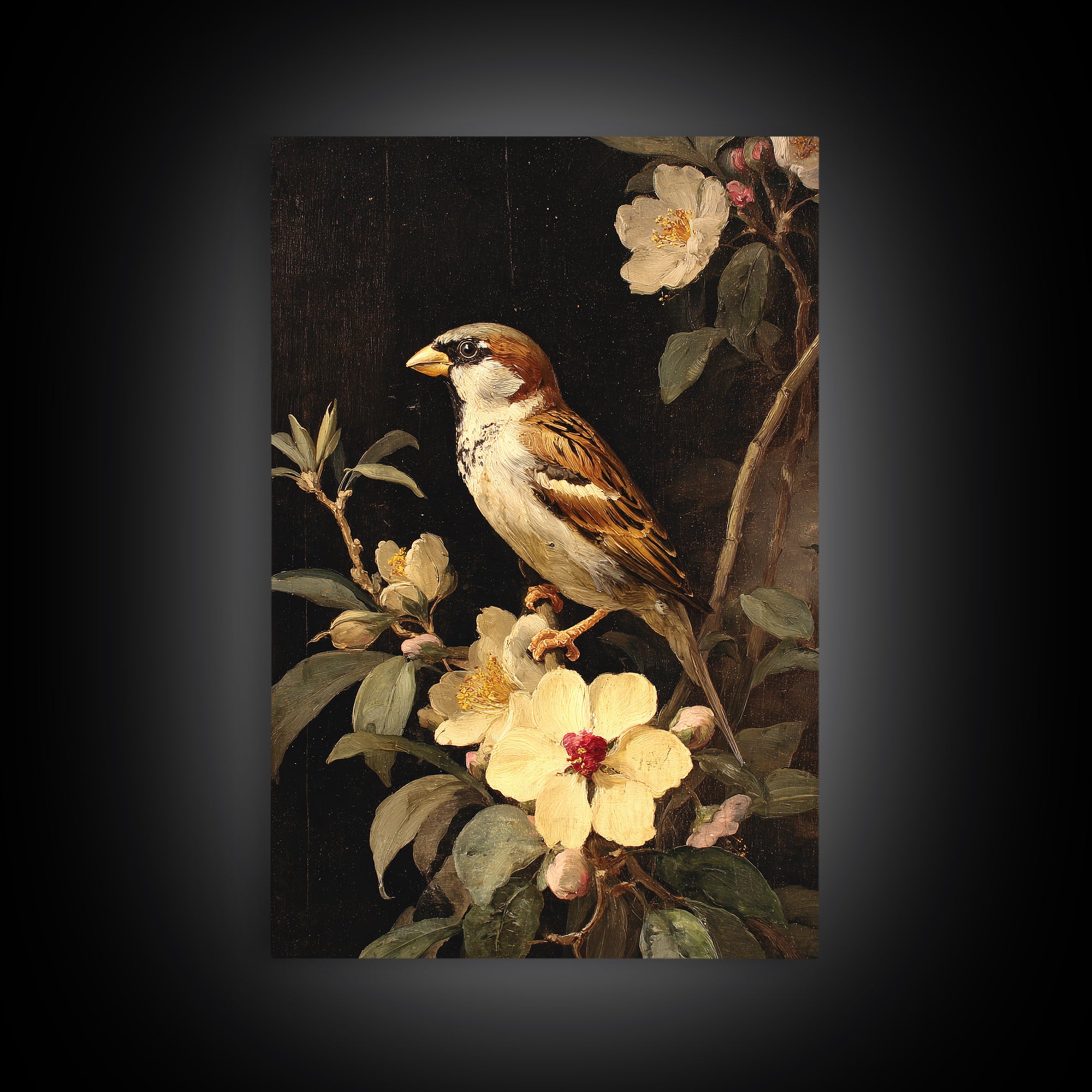Bird Study on a Flowering Branch Framed Canvas Print, Traditional Art, Artwork, Living Room Decor, Oil Painting, Classic, TRA-2x3-90